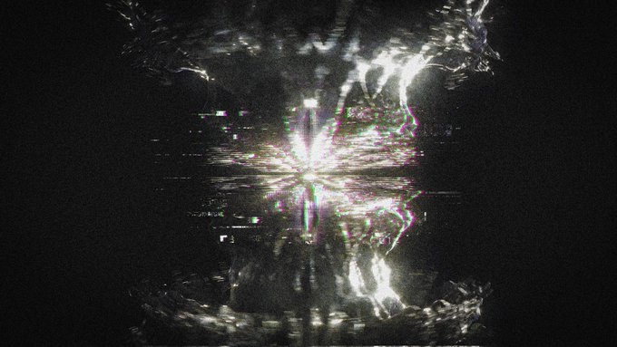 A dark, abstract digital artwork featuring glitch-like distortions, white and pink luminous streaks, and a central bright burst of light resembling a distorted figure or symbol.