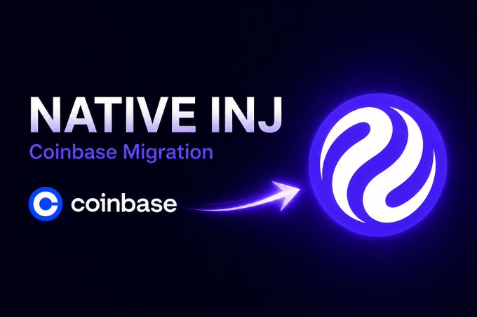 A promotional graphic announcing 'NATIVE INJ Coinbase Migration' featuring the Coinbase logo with an arrow pointing to the Injective (INJ) cryptocurrency logo.