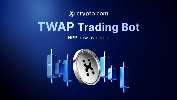 A Crypto.com promotional graphic announcing the TWAP Trading Bot with HPP now available, featuring a central coin icon and surrounding candlestick chart elements on a dark blue background.