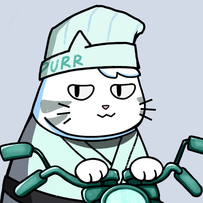 A simple cartoon drawing depicts a white cat character wearing a chef's hat and uniform with 'PURR' written on it, riding a green motorcycle with a slightly grumpy expression.