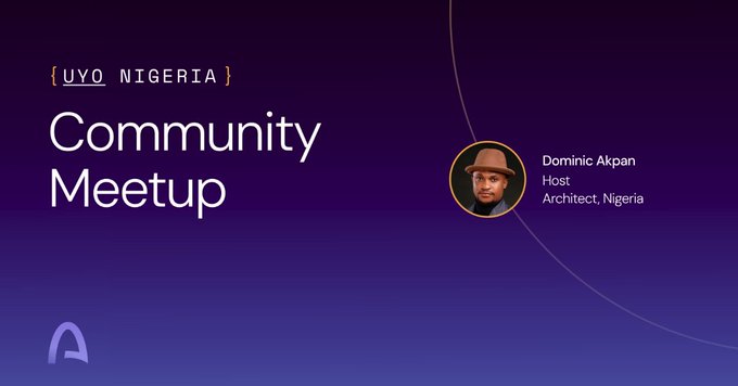 A dark blue promotional banner for a '{UYO NIGERIA} Community Meetup' hosted by Dominic Akpan, an architect from Nigeria.