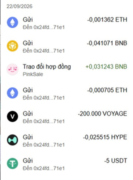 A cryptocurrency transaction history dated 22/09/2026 showing transfers including ETH, BNB, a PinkSale contract exchange, VOYAGE, HYPE, and USDT from address 0x24fd...71e1.