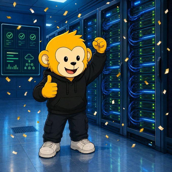 A cartoon monkey mascot in a black hoodie gives a thumbs-up in a server room filled with racks and digital displays.