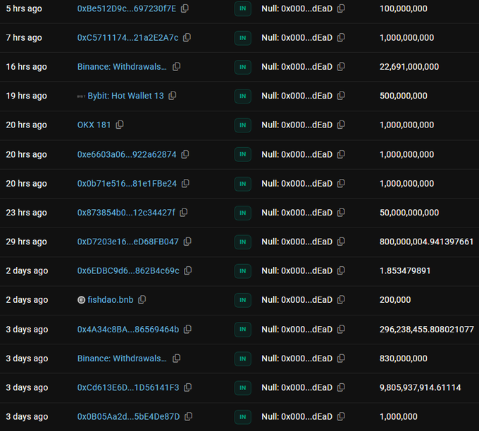 A blockchain transaction history showing large transfers including 'Binance: Withdrawals... 22,691,000,000' and entries from 'Bybit: Hot Wallet 13' with amounts like 500,000,000 and 1,853,479,891.