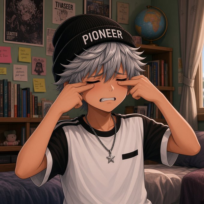 An anime-style illustration of a silver-haired character wearing a black beanie labeled 'PIONEER', rubbing their eyes in apparent frustration, with a star necklace and a bookshelf background.