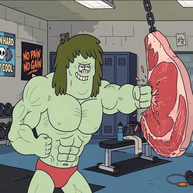 A cartoon of a muscular green-skinned woman with green hair punches a giant hanging steak in a gym adorned with "NO PAIN NO GAIN" and "TRAIN HARD / STAY COOL" posters.