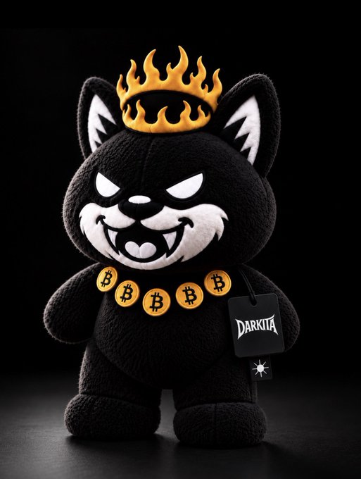 A plush black cat mascot wearing a gold flame crown and a necklace of Bitcoin symbols, with a tag reading "DARKITA," visually embodies the bold crypto-themed branding of Darkita.com, echoing the post's declaration that "Bitcoin born. Ethereum bound."