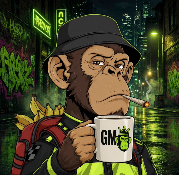 An illustration of a monkey NFT character smoking a cigarette and holding a 'GM' mug, wearing a bucket hat and a backpack filled with bananas in a neon-lit city alley.