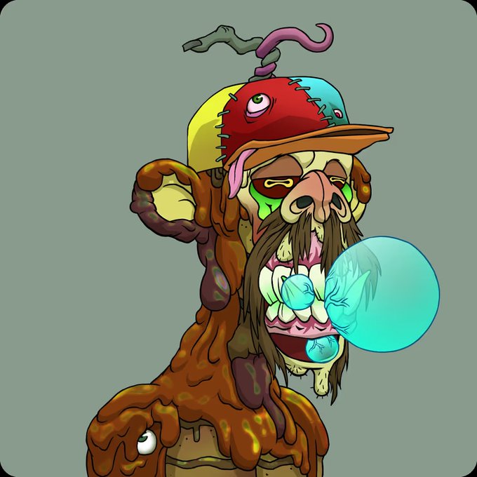 The image features a cartoon character with a googly face, wearing a hat that has a snake headband. The character appears to be a monkey or a raccoon-like creature with a long beard and a mustache. It seems like the character is in a playful mood, as it's holding a blue bubble gum in its mouth. The image also includes text that reads "Mutant Ape Yacht Club #7565 Went shopping and bought this badass of a spinner. Had one just like him years back." This suggests that the character might be related to the Mutants from the Mutants Ape Yacht Club series, which is known for their unique appearances and playful nature.