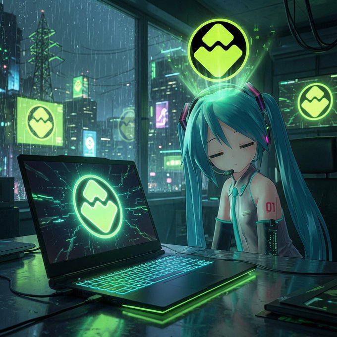 Hatsune Miku (marked "01") sits at a laptop displaying the SmashPay logo, surrounded by glowing green SmashPay emblems and a cyberpunk cityscape, visually tying the iconic virtual idol to the #SmashPay brand.