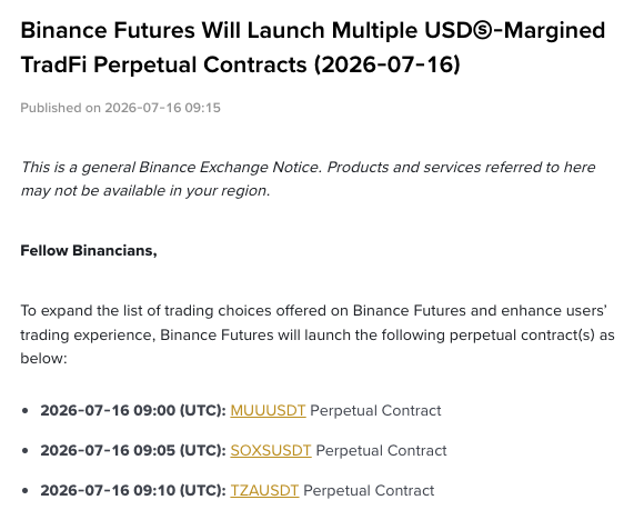 The image shows a Binance Exchange notice titled "Binance Futures Will Launch Multiple USDⓈ-Margined TradFi Perpetual Contracts (2026-07-16)," announcing the launch of three new perpetual contracts—MUUUSDT, SOXSUSDT, and TZAUSDT—scheduled for 09:00, 09:05, and 09:10 UTC respectively, aligning with the post's details about TradFi perpetual listings tracking Direxion's leveraged ETFs.
