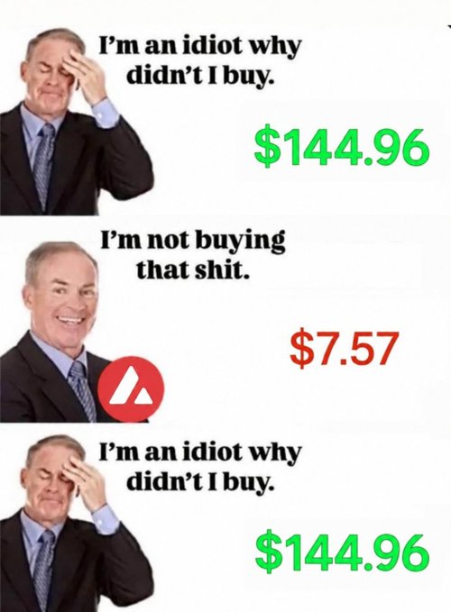 A meme uses three panels of Jim Cramer's face to contrast the stock AVL (Avalon Advanced Materials) at $7.57 with a missed price point of $144.96, mocking the irony of skipping a cheap stock that later surged. The post "Real" emphasizes the humor of looking foolish for not buying what seemed like a worthless stock.