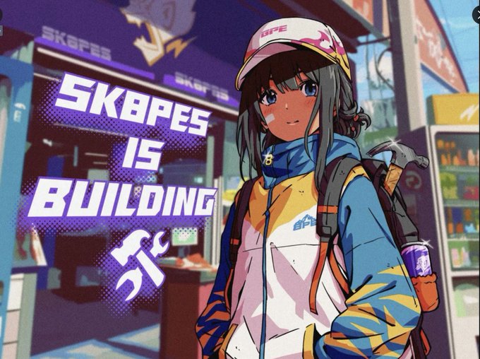 An anime-style graphic featuring a character wearing a cap, holding a hammer, with the text 'SKBPES IS BUILDING' prominently displayed alongside crossed wrench tools.