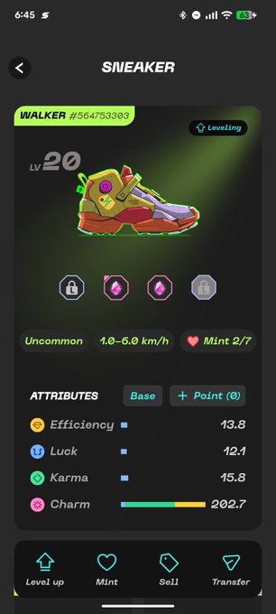 A sneaker NFT collectible app screen showing a 'Walker #564753303' Level 20 sneaker classified as Uncommon, with attributes including Efficiency 13.8, Luck 12.1, Karma 15.8, and Charm 202.7.