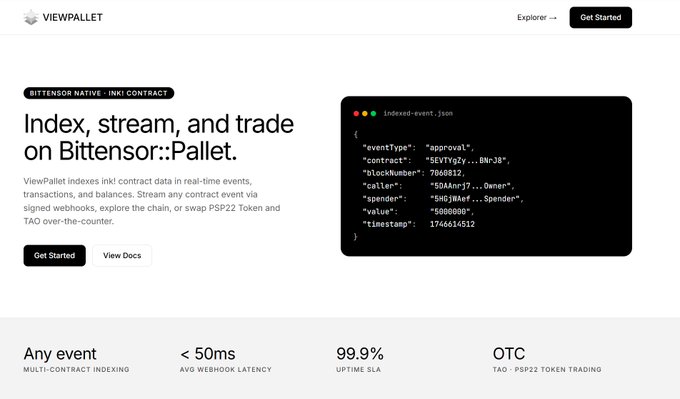 The ViewPallet landing page promoting 'Index, stream, and trade on Bittensor::Pallet' with a code snippet for an indexed-event.json file and stats like <50ms latency and 99.9% uptime SLA.
