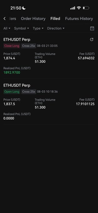 A screenshot of a filled order history showing two ETHUSDT Perp trades—an opened long at 1,837.5 (0.0000 PnL) and a closed long at 1,874.5 (+1,892.97 realized PnL)—visually confirming the post's claim of a $1,892 profit on the Ethereum long.