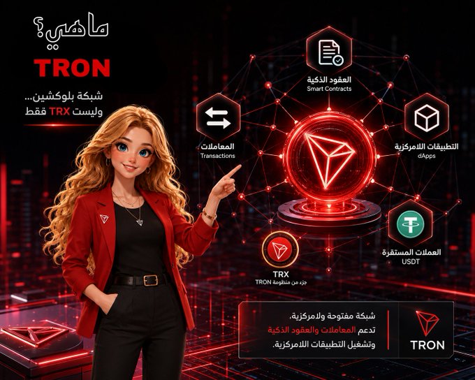 The image is a promotional graphic about TRON, featuring a blonde woman in a red blazer pointing toward a central glowing TRON logo surrounded by feature icons labeled in Arabic and English: Smart Contracts (العقود الذكية), Transactions (المعاملات), dApps (التطبيقات اللامركزية), USDT (العملات المستقرة), and TRX (توكن شبكة ترون). The accompanying text introduces TRON as a public, decentralized blockchain that supports transactions, smart contracts, and dApps, and has become prominent for stablecoin usage.