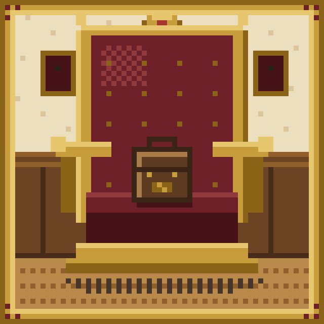 A pixel art illustration showing a brown briefcase sitting on a desk or throne in front of a red backdrop with gold dots and a checkered pattern.