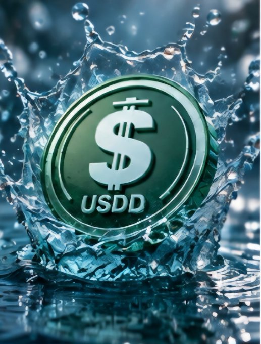 A green USDD cryptocurrency coin surrounded by splashing water in a dynamic, icy blue composition.