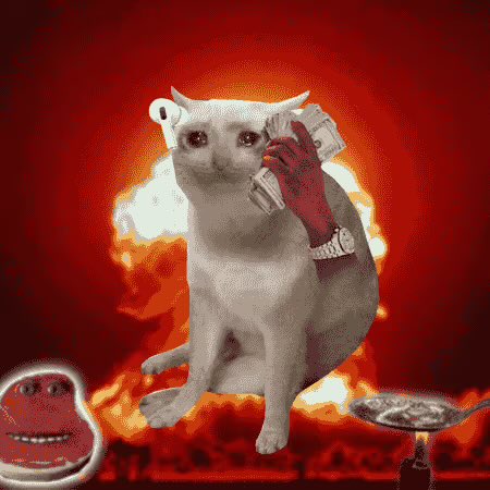 Surreal image of a white cat with a red hand holding a phone to its ear, sitting in front of a fiery explosion background with a smoking pan and red blob in the corner.