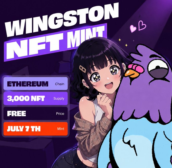 Wingston NFT Mint promotional image featuring an anime-style character with a purple bird mascot, advertising 3,000 NFT supply on Ethereum chain, free price, minting July 7th.