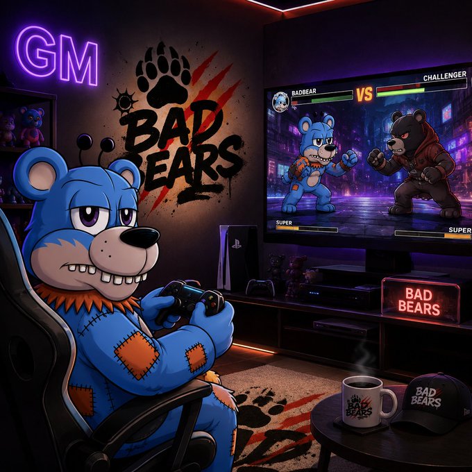 A gaming setup scene featuring a blue stitched-up bear character holding a controller, with 'GM' neon sign, 'BAD BEARS' wall graffiti, and a TV displaying a fighting game match 'BADGEAR VS CHALLENGER'.