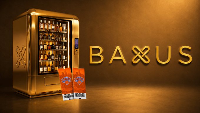 The image features a golden vending machine with two tickets attached to its side, one for each of the letters "B", "A", and "U". The vending machine appears to be selling collectible spirits or liquor items, as indicated by the presence of the tickets.