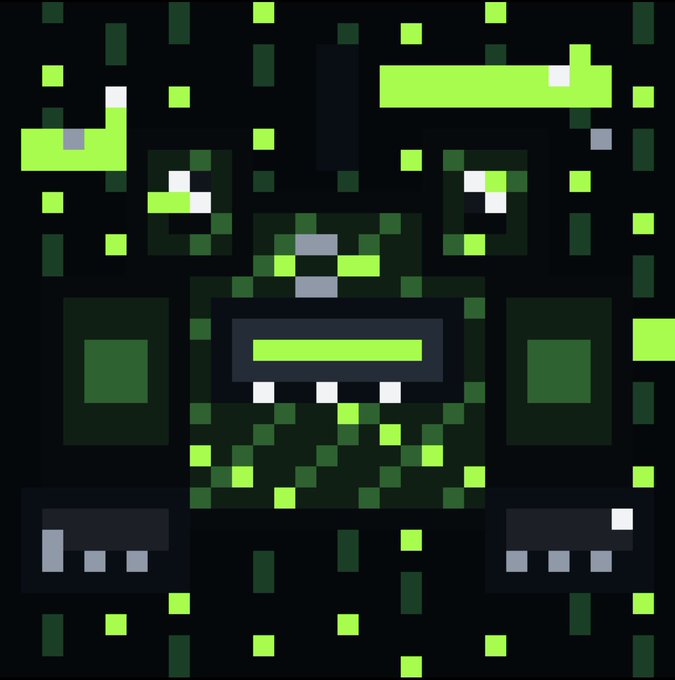 A pixel art image featuring a central green and black mechanical figure or robot face with glowing elements against a dark background with scattered green squares.