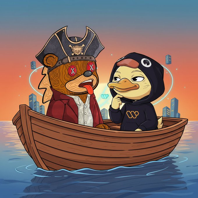 A cartoon illustration of two meme characters in a boat at sunset: a pirate-hatted bear with X-eyes and a hooded duck wearing an infinity-style symbol, with a city skyline in the background.