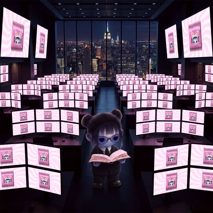 A small chibi-style character with glasses and bear-ear buns reads a book in the center of a vast room filled with rows of computer monitors displaying a pink cartoon image, with a nighttime city skyline visible through the windows.