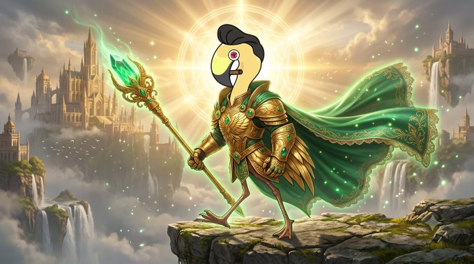 A heroic cartoon flamingo warrior stands triumphantly on a cliff, clad in ornate golden armor with a flowing green cape, wielding a glowing green staff against a radiant sky with majestic castles and waterfalls. The image aligns with the post's message of light triumphing over darkness, symbolizing resilience and the bright, steadfast presence of the @Flamingos_ETH community.