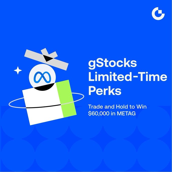 A promotional graphic with a blue background featuring a cartoon robot character and the text 'gStocks Limited-Time Perks: Trade and Hold to Win $60,000 in METAG'.