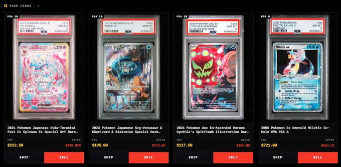 A display of four graded Pokémon PSA 10 cards for sale, including 2024 Sylveon Ex Japanese Special Art Rare ($222.00), 2023 Blastoise Ex ($195.00), 2024 Cynthia's Spiritomb ($117.50), and 2006 Milotic Ex-Holo ($721.00).