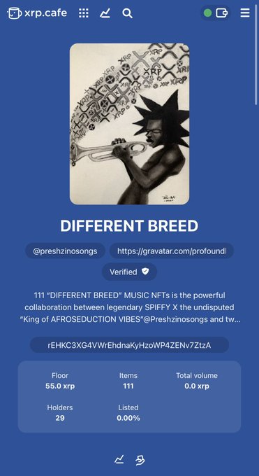 Screenshot from xrp.cafe showing an NFT collection called "DIFFERENT BREED" by @preshinosongs, featuring 111 items with a floor price of 55.0 XRP, 29 holders, and artwork of a person playing a trumpet.