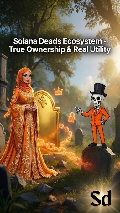 The image features an orange-colored woman wearing an orange dress standing next to a tombstone with a skeleton figure dressed in an orange suit holding a gun. The caption reads "Solana Deads Ecosystem - True Ownership & Real Utility".