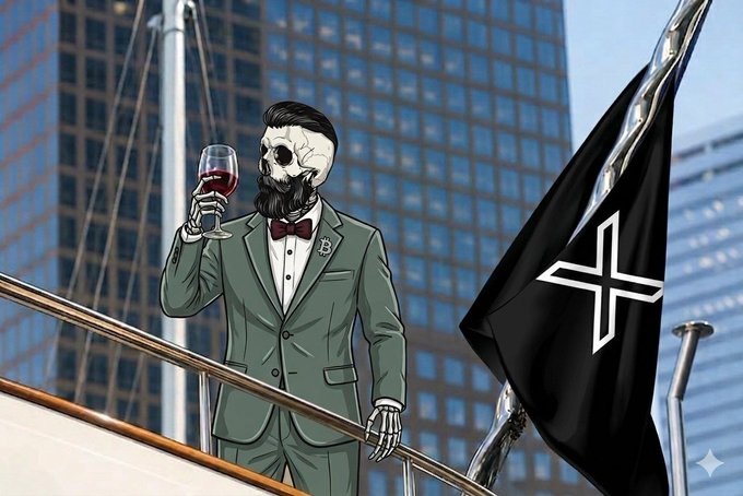 A stylized skeleton in a green suit raises a glass of red wine aboard a yacht, with a black flag bearing a white cross beside him against a city skyline backdrop. The image accompanies the "Gm CT" morning greeting post, with the skeleton figure serving as a personified avatar for the crypto community.