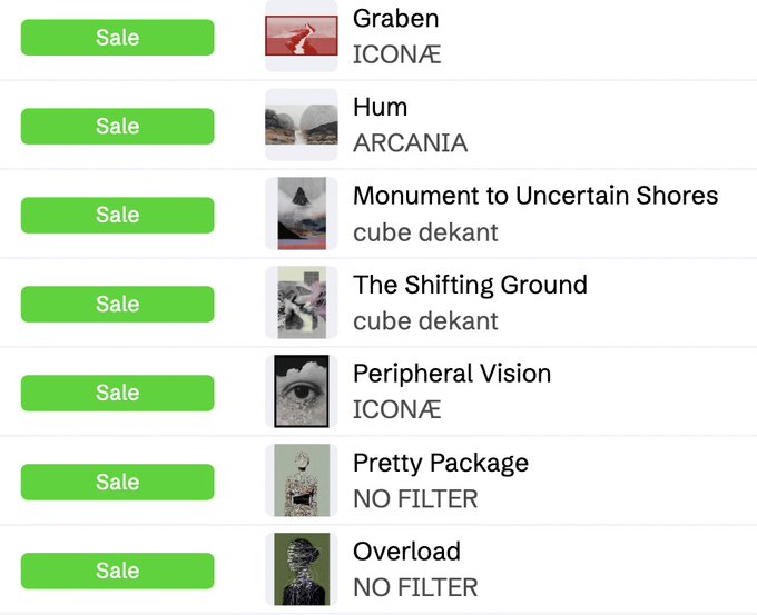 A screenshot of an NFT marketplace showing 7 artworks marked "Sale," including "Graben" by ICONÆ, "Hum" by ARCANIA, "Monument to Uncertain Shores" and "The Shifting Ground" by cube dekant, "Peripheral Vision" by ICONÆ, and "Pretty Package" and "Overload" by NO FILTER—corresponding to the seven editions a mystery collector purchased on Tezos ($XTZ).