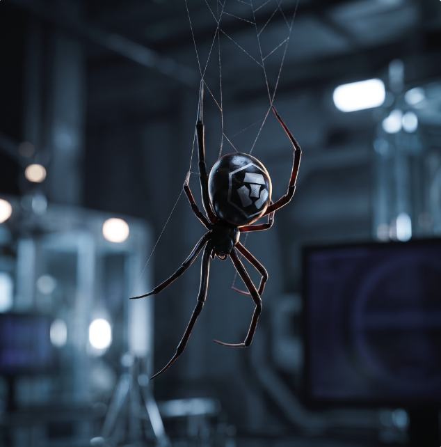 A glossy black spider with a metallic sheen hangs suspended from thin web threads against a blurred laboratory backdrop. The spider's reflective body subtly mirrors its surroundings, creating an unsettling, high-tech atmosphere that complements the post's call to trust your instincts about an unspecified investment opportunity—suggesting viewers should "sense out" the asset before committing.