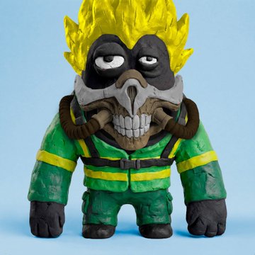 A handcrafted figurine featuring a skull-like face with yellow spiky hair, a mustache, and a green outfit, resembling a stylized version of a Dragon Ball character.