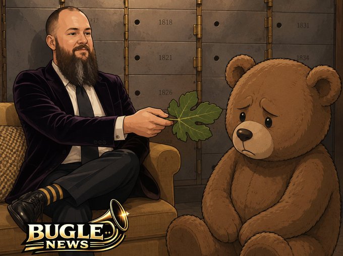 Illustration labeled 'BUGLE NEWS' showing a bearded man in a suit offering a fig leaf to a sad-looking teddy bear, set against a backdrop of dated safe deposit boxes.