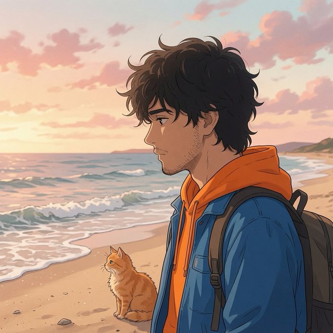 An anime-style illustration shows a young man with messy dark hair in an orange hoodie and blue jacket, carrying a backpack as he gazes across a sunset-lit beach, accompanied by a small orange cat sitting on the sand beside him.

The image reflects the post's contemplative tone about quiet mornings and self-reflection—the man standing thoughtfully at dawn symbolizes the mental clarity that comes from proper sleep, while the calm seaside setting evokes the peaceful recovery that @sleepagotchi aims to help users achieve.