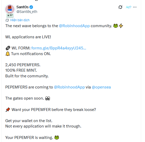 A tweet by @Sant0s_eth announces a whitelist application opening for 2,450 PEPEMFERS NFTs with a 100% free mint, coming to Robinhood App via OpenSea, with a Google Form link for entry.