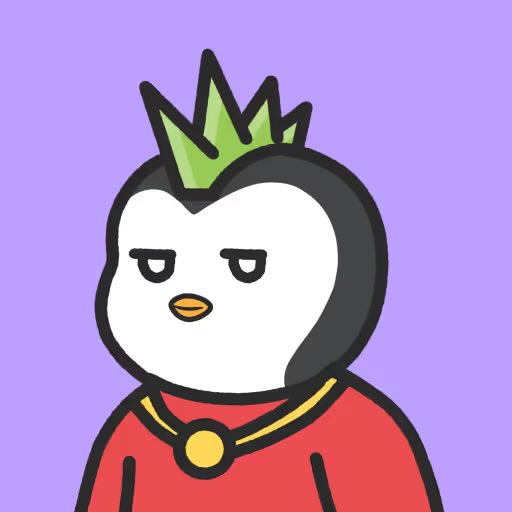 A cartoon penguin character wearing a green spiky crown and red robe with a gold chain, against a purple background.