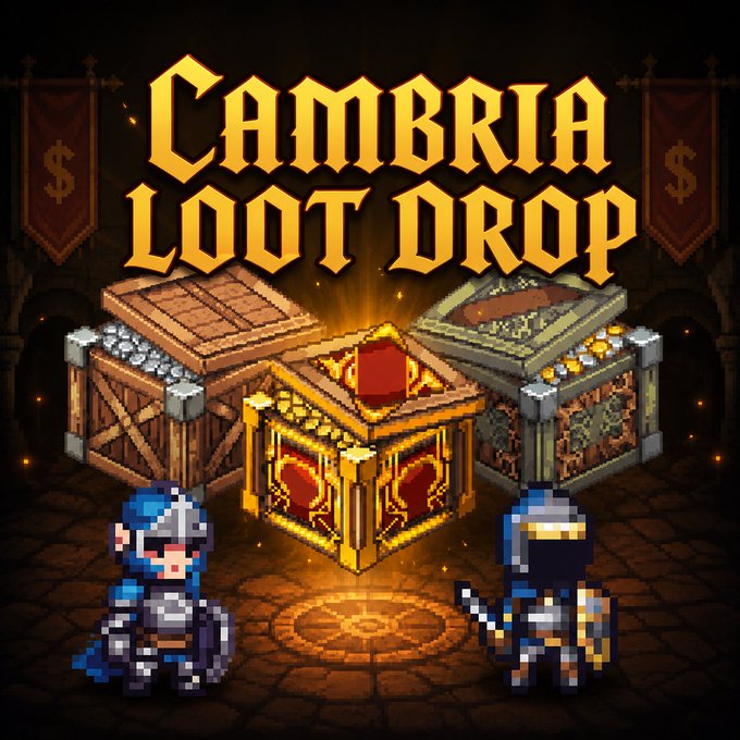 Pixel art promotional image for 'CAMBRIA LOOT DROP' featuring three treasure chests—one gold and two stone—and two armored knight sprites in a dungeon setting.