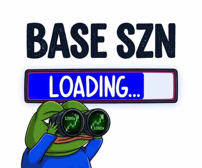 The image features a cartoon frog wearing a blue shirt, holding binoculars over its head as if it's looking through them. The background of the image is white with black text that reads "Base Szn Loading...". There are also some numbers visible in the image, which could be part of the caption or related to the content being shared on social media platforms.