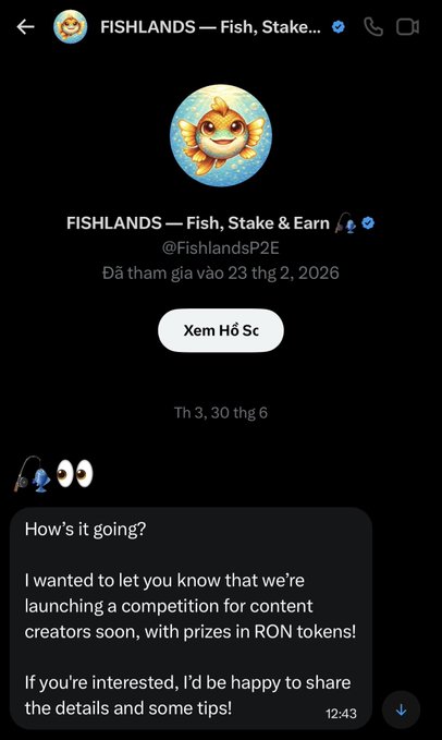 A Telegram message from 'FISHLANDS — Fish, Stake & Earn' offering a content creator competition with RON token prizes.