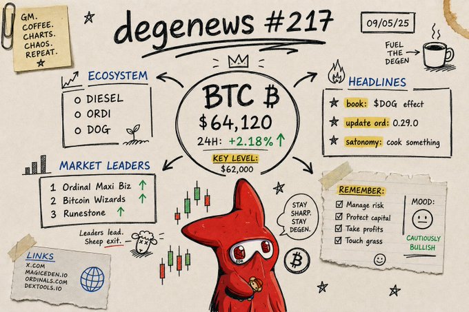 A 'degenews #217' doodle-style infographic dated 09/05/25 showing BTC at $64,120, 24H: +2.18%, with sections for Ecosystem, Headlines, Market Leaders, and Links.