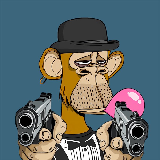 A cartoon illustration shows a serious-looking monkey wearing a black bowler hat, holding two handguns, with a pink heart on its chest.