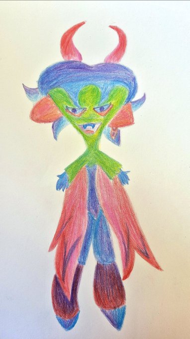 A colored pencil drawing depicts a stylized green-skinned demon or character with blue hair, horns, and a pink cape.