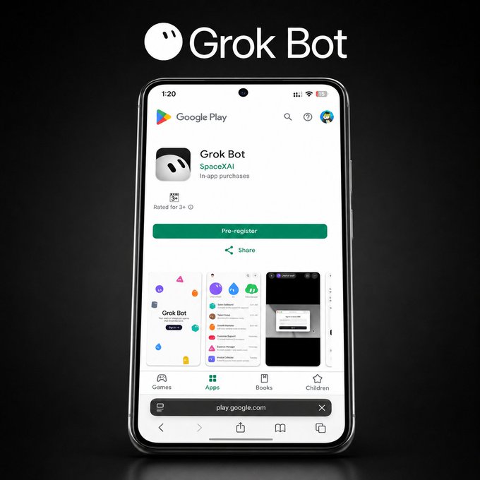 A smartphone displays the Google Play Store listing for the "Grok Bot" app by SpaceXAI, with a "Pre-register" button, indicating Android users can now sign up for the Grok AI chatbot app, aligning with the post's message that Android users can also access it.